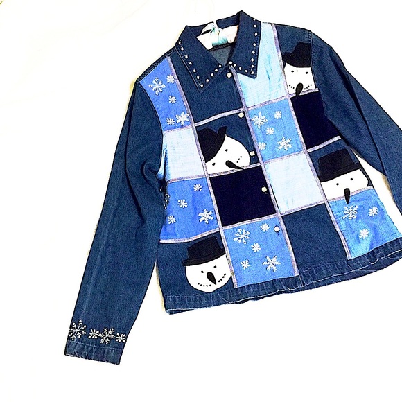 ☃️❄️Rare Winter Snowman Denim Blue Jean Jacket❄️☃️ - Picture 3 of 11